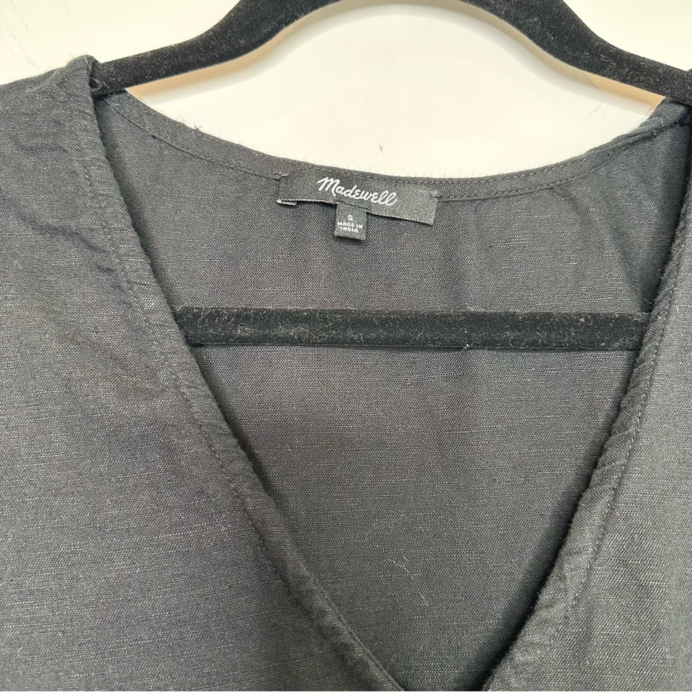 Madewell V-Neck Button Front Linen Blend Minidress in Black - Picture 3 of 6
